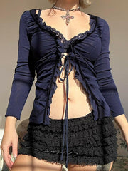 BXOXO - Mesh Sheer Tie V-Neck Long Sleeve Top