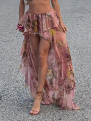 BXOXO - summer inspo Sweetown Beach Boho Floral Print Chiffon Ruffled Skirt Women Asymmetrical Dipped Hem Pink Romantic Elegant Sexy Vacation Skirts