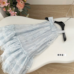 BXOXO - summer inspo Sweet Bow Lace Dress Women Summer Blue Sleeveless Halter Sling Dresses Y2k Harajuku Princess Cake Pompon Dress 2025