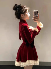 BXOXO party look inspos Vintage Christmas Sweet Velvet Princess Dresses for Women Autumn Elegant Lace Patchwork Birthday Party Vestidos Y2K Mini Dress