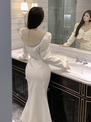 BXOXO party look inspos Elegant Two Piece Set Women Long Sleeves Short Coat + High Waist Mermaid Skirt Autumn Winter Solid Korean Style Patchwork Outfit