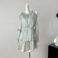 BXOXO - summer inspo Korean Style Off-the-shoulder Halter Neck Sensibility Dress Elegant Sweet Long Sleeve Mini Dress Beach Vacation