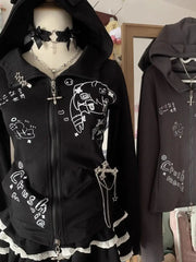 BXOXO Kawaii Hoodie Winte Clothes Vintage 2000s Hoodies Zip Up Hoody Cute Korea Slim Streetwear Sweet Girl Sweatshirts Cat Y2k Tops