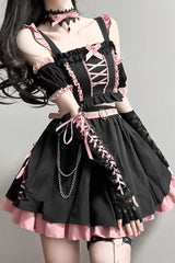 BXOXO - Black/Pink Tie Bow Gothic Sweet Lolita Strapless Skirt Dress 2 Pieces Set