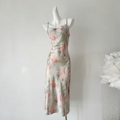 BXOXO - summer inspo 2025 Women Sexy Swinging Collar Flower Print Sling Dress French Slim Fit Backless Dresses Fashionable Casual Versatile