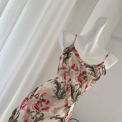 BXOXO - summer inspo Women Sexy V-Neck Ruffles Floral Print Suspender Dresses 2025 Summer High Waist Hotsweet Beach Mermaid Dress Vestido