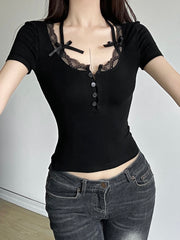 BXOXO - summer inspo Halter Neck Lace Trim Bow Cute Black Y2K T-Shirt Women Button Up Slim Short Sleeve White Tees Sweet Balletcore Clothing