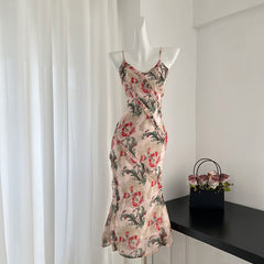 BXOXO - summer inspo Women Sexy V-Neck Ruffles Floral Print Suspender Dresses 2025 Summer High Waist Hotsweet Beach Mermaid Dress Vestido