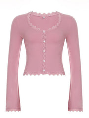 BXOXO - Lace Trim V-Neck Button-Up Knit Top