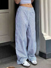 BXOXO - summer inspo Sweetown Blue Stripe Casual Loose Baggy Trousers For Women Button Details Elastic High Waist Boho Fashion Straight Leg Pants