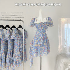 BXOXO - summer inspo Y2k Fairy Dress Women Summer Floral Halter Ribbon Irregular Ruffle Slim Short Dresses French Holiday Sweet Dress Vestidos