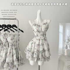 BXOXO - summer inspo Summer Korean Ladies Sexy Spaghetti Strap Sleeveless Mini Dress Y2K One-Shoulder Floral Elegant Suspender Dress Women