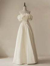 BXOXO A-Line Off Shoulder Ivory Satin Long Prom Dress, ivory Long Formal Dress