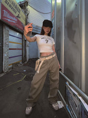 Bxoxo American Retro Streetwear Hip Hop Rock Punk Harajuku Y2K Women's Crop Tops Gothic Fashion Letter Print Slim O-Neck Short Sleeves