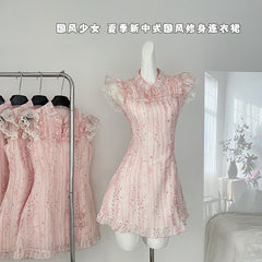 BXOXO - summer inspo Summer New Chinese Style Slim Fit Dresses Fashionable Improved Qipao Sweet Pink Flower Print Dress