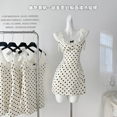 BXOXO - summer inspo French Retro Polka Dot Print Sexy Sling Dress Women 2025 New Lace Stitching Bodycon Mini Sundress Holiday Party