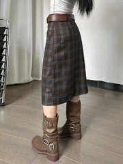 Vintage Plaid High Rise Slit No Belt Midi Skirt
