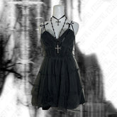 Bxoxo High Fashion Street Y2K Women Suspender V-Neck Dress Retro 2000s Harajuku Hot Girl Hip Hop Punk Solid Color Slim sexy Lace Dress