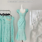 BXOXO - summer inspo 2025 New French Style Vintage Dress Women Summer Embroidery Short Sleeve Square Collar Hollow Out Dresses Sweet Fishtail Dress