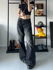 BXOXO Grunge Y2k Black Jeans Women Baggy Vintage High Street Oversized Denim Trousers Gothic Gyaru 2000s Acubi Fashion Jeans