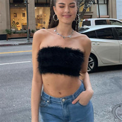 Solid Color Zip Up Fur Strapless Crop Top - Black