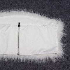 Solid Color Zip Up Fur Strapless Crop Top - Black