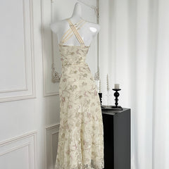 BXOXO - summer inspo Gentle Style Floral Print Backless Halter Dress Woman Elegant Casual Sleeveless Beachwear Sexy Slim Fit Dress 2025 Summer