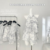 BXOXO - summer inspo New Chinese Style Suit Women's Summer Fashion Ink Printed Flower Halter Top A-line Mini Skirt Two-piece Set