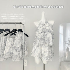 BXOXO - summer inspo New Chinese Style Suit Women's Summer Fashion Ink Printed Flower Halter Top A-line Mini Skirt Two-piece Set