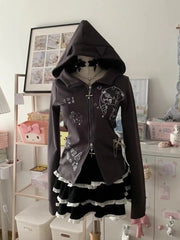 BXOXO Kawaii Hoodie Winte Clothes Vintage 2000s Hoodies Zip Up Hoody Cute Korea Slim Streetwear Sweet Girl Sweatshirts Cat Y2k Tops