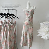 BXOXO - summer inspo 2025 Women Sexy Swinging Collar Flower Print Sling Dress French Slim Fit Backless Dresses Fashionable Casual Versatile