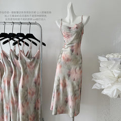 BXOXO - summer inspo 2025 Women Sexy Swinging Collar Flower Print Sling Dress French Slim Fit Backless Dresses Fashionable Casual Versatile