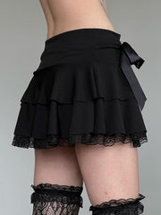 BXOXO - summer inspo Goth Y2K Black Lace Trim Bow A Line Mini Skirt Women Korean Streetwear
