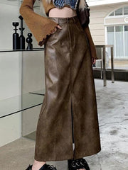 Vintage Brown High Rise Split PU Leather Midi Skirt