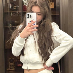 BXOXO Hot Girl Zip Up Hoodie White Rhinestone Short Long Sleeves Hoody Harajuku Casual Kpop Punk Sweatshirt Top Women Y2k Hoodies Coat