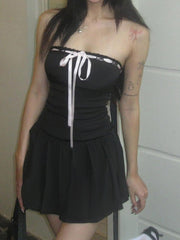 BXOXO - summer inspo Korean Fashion Contrast Tie Bow Strapless A Line Pleated Dress Women Cute Sweet Kawaii Clothing