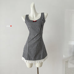 BXOXO - summer inspo 2025 Summer Women's Black and White Plaid Suspended Dress Bow Short Dress Elegant Casual Sleeveless Dresses