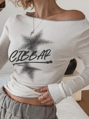 BXOXO - Star Print Off-Shoulder Long Sleeve Top