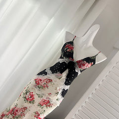 BXOXO - summer inspo Women Floral Dresses French Style Retro Patchwork Design Dress Fashion Streetwear V-neck Fashion Suspender Dress Summer New