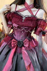 BXOXO - Wine Red Midsummer Dream Short Sleeves Ruffle Hanayome Off-The-Shoulder Gothic Short Lolita Dress