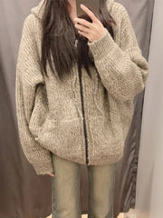 BXOXO Vintage Zipper Hooded Knitted Cardigan Women Casual Oversized Knitwear Preppy Style Solid Warm Sweaters Coat Harajuku