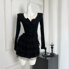 BXOXO - summer inspo 2025 Summer New Fashion Solid Color Casual Long-sleeved T-shirt Women + High Waist Lace Patchwork A-line Skirt Two-piece Set