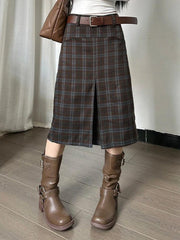Vintage Plaid High Rise Slit No Belt Midi Skirt