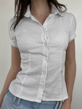 BXOXO - summer inspo Sweetown White Stripe Puff Short Sleeve Button Shirts For Women Basic Simple Casual Seumme Preppy Tops Y2K Korean Clothes