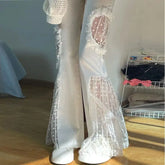 BXOXO party look inspos High Waist Flare Pants Women Fairycore Lace Sexy Cut Out Graphic Sense Spliced Pocket Lacework Elastic Waist Wide Leg Pants