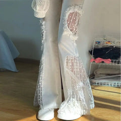 BXOXO party look inspos High Waist Flare Pants Women Fairycore Lace Sexy Cut Out Graphic Sense Spliced Pocket Lacework Elastic Waist Wide Leg Pants