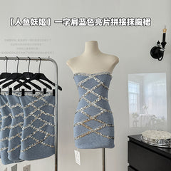 BXOXO - summer inspo Spicy Girl Slim Fit Short Dress For Women Sexy Off Shoulder Backless Dresses Fashion Sequin Patchwork Dress