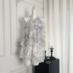 BXOXO - summer inspo New Chinese Style Suit Women's Summer Fashion Ink Printed Flower Halter Top A-line Mini Skirt Two-piece Set