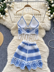 BXOXO 2025 Beach Suits Sexy Two Pieces Set Women Fashion Halter Tassel Tank Top + Elastic Wide Legs Hollow Out Casual Shorts Female