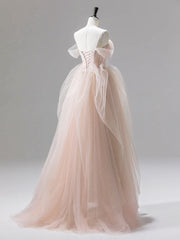 BXOXO A-Line Off Shoulder Tulle Lace Champagne Pink Long Prom Dress, Lace Long Formal Dress
